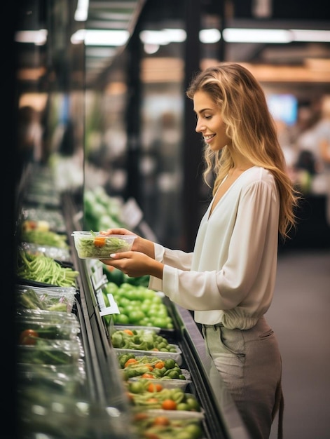 jeune femme belle et élégante achetant de la nourriture et des boissons saines dans un supermarché moderne ou