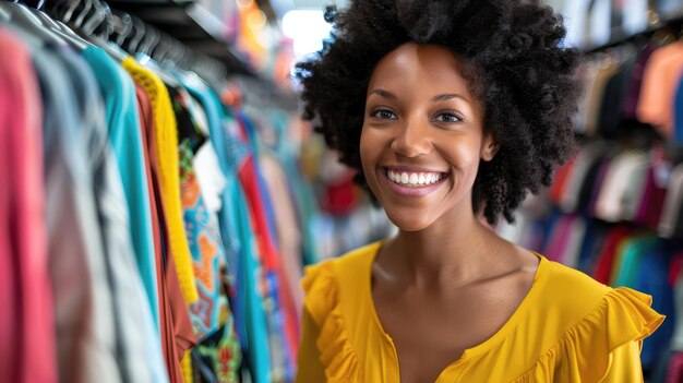 Une jeune femme belle et souriante dans un magasin de vêtements.