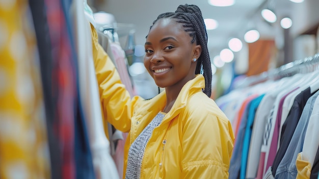 Une jeune femme belle et souriante dans un magasin de vêtements.