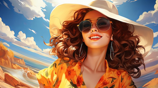 Une jeune femme belle et souriante dans des vêtements d'été à la mode à l'extérieur, joyeuse et heureuse avec des lunettes de soleil et un chapeau.