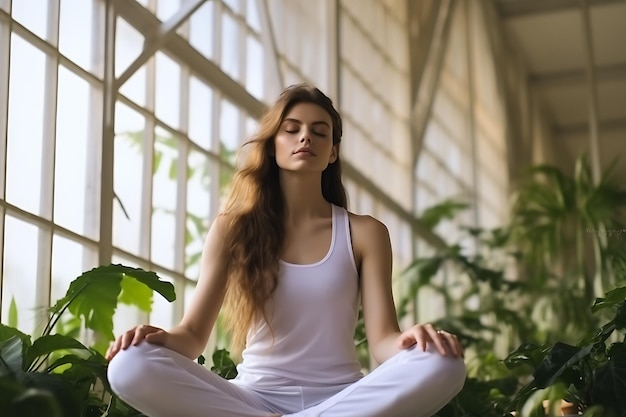 Une jeune femme en blanc s'entraîne sur le sol.