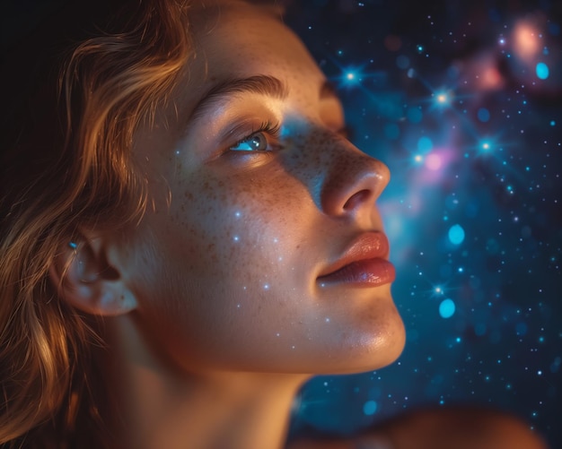 Photo une jeune femme blanche au visage rouge, aux cheveux roux, aux taches de rousseur, à la lueur cosmique du ciel nocturne.