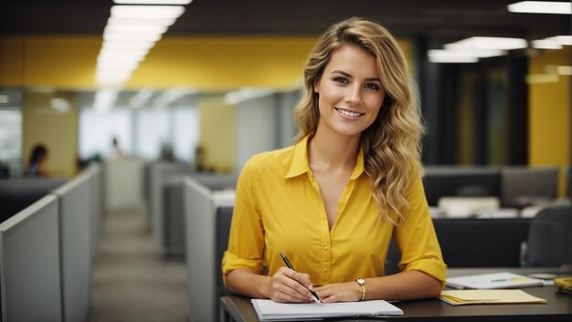 Une jeune femme blanche et belle en chemise jaune s'appuie sur le bureau avec un bloc-notes et des papiers.