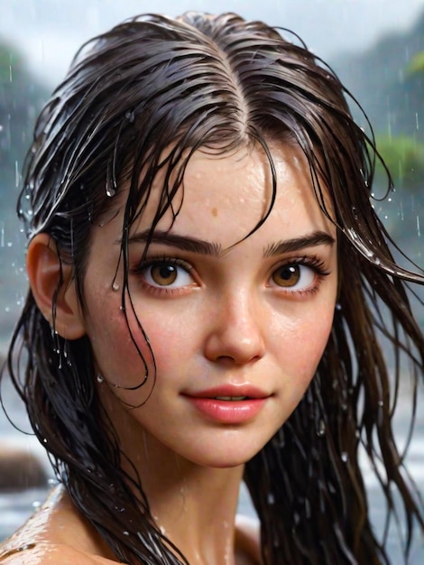 Une jeune femme blanche heureuse aux cheveux mouillés regardant la caméra fraîche et mignonne