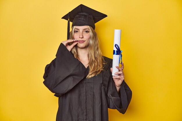 Une jeune femme blanche portant une robe de diplôme tenant un diplôme avec des doigts sur les lèvres gardant un secret