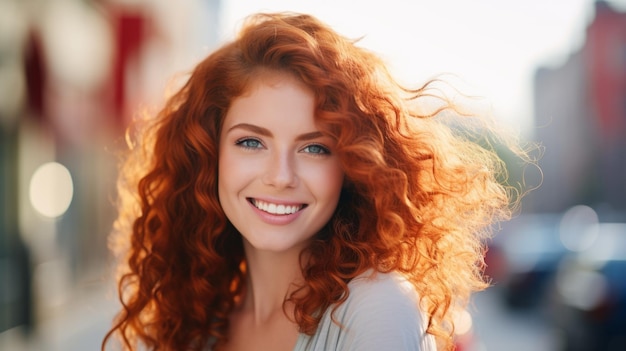 Jeune femme blanche souriante avec photo de cheveux bouclés rouges