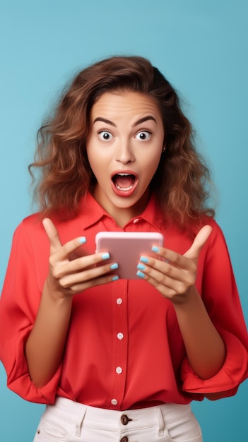 Une jeune femme blanche tient un téléphone avec un visage surpris.