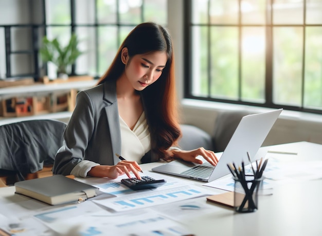 jeune femme en blazer se concentrant sur le travail avec un ordinateur portable et une calculatrice analyser les données cartes financières bureau