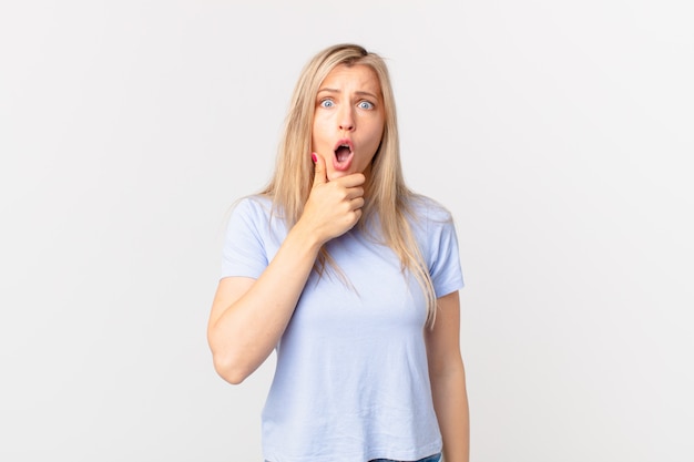 Jeune femme blonde avec la bouche et les yeux grands ouverts et la main sur le menton