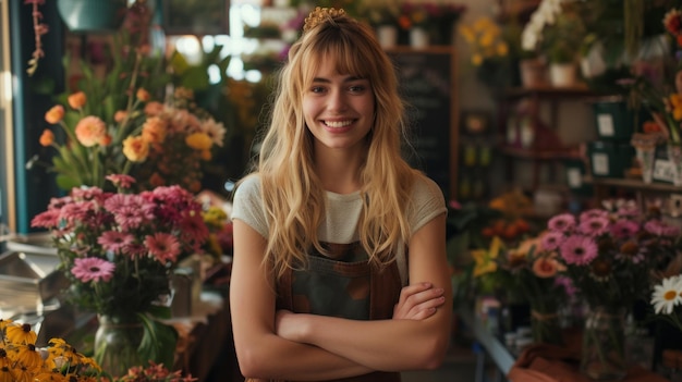 Jeune femme blonde fleuriste souriante confiante debout avec les bras croisés geste à la boutique de fleurs AI Generative