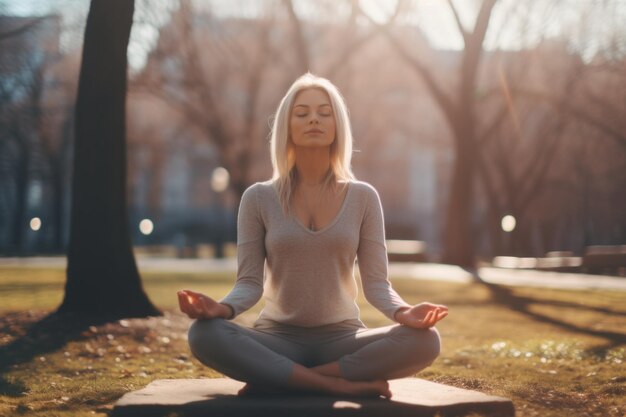 Une jeune femme blonde pratiquant le yoga dans un parc public.