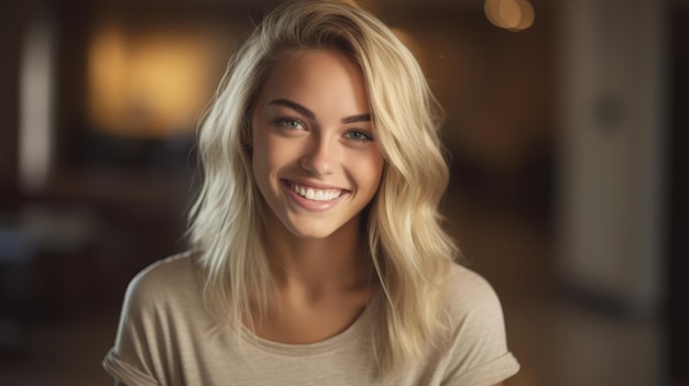 Jeune femme blonde souriante posant sur un arrière-plan flou doux AI générative