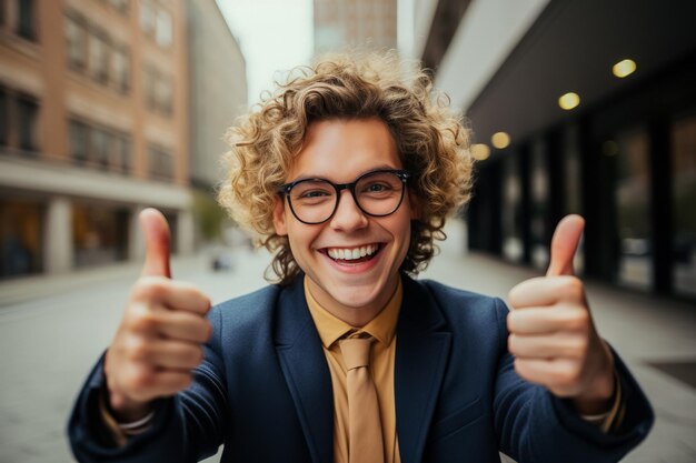 Une jeune femme blonde souriante en veste d'affaires, cheveux bouclés, lunettes pointant vers la caméra.