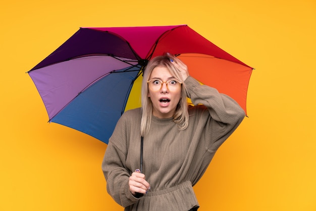 Jeune femme blonde tenant un parapluie sur un mur jaune isolé avec une expression faciale surprise