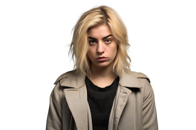 Jeune femme blonde en trench-coat regardant la caméra avec une expression sérieuse sur fond blanc