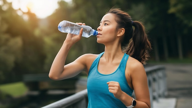 Une jeune femme en bonne santé buvant de l'eau dans des bouteilles en plastique après un jogging