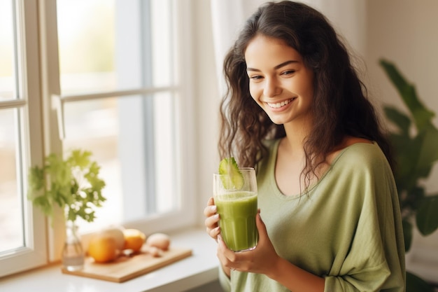 Une jeune femme en bonne santé dégustant un smoothie de fruits frais à la maison avec une boisson saine