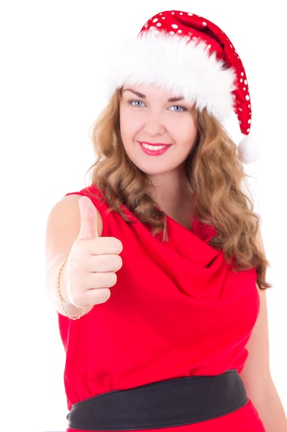 Jeune femme en bonnet de noel Thumbs up isolé sur fond blanc