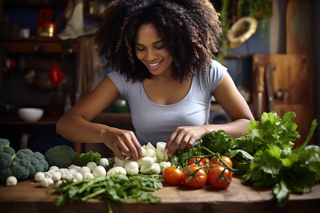 une jeune femme bouclée à la peau noire trient les légumes lavés sur la table avant de les cuisiner