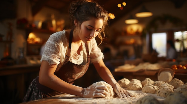 Jeune femme boulangère en ai générative de cuisine