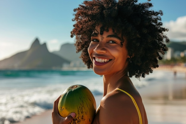 jeune femme brésilienne à la coiffure afro qui se promène sur la plage