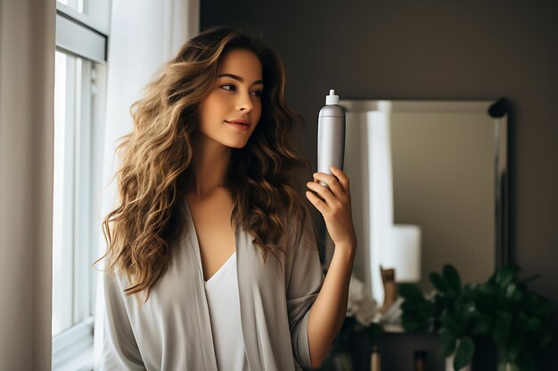 Une jeune femme brune aux cheveux épais utilise un remède contre l'odeur désagréable de son cuir chevelu et de ses cheveux