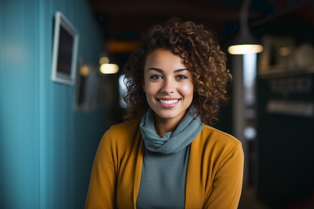 Une jeune femme brune belle portant des vêtements jaunes chauds sur un fond lumineux photo de haute qualité