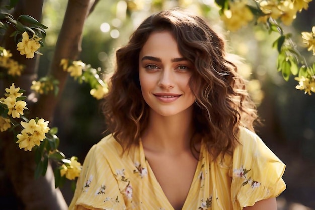 Une jeune femme brune blanche et joyeuse est assise sur un banc à la table dans le jardin.