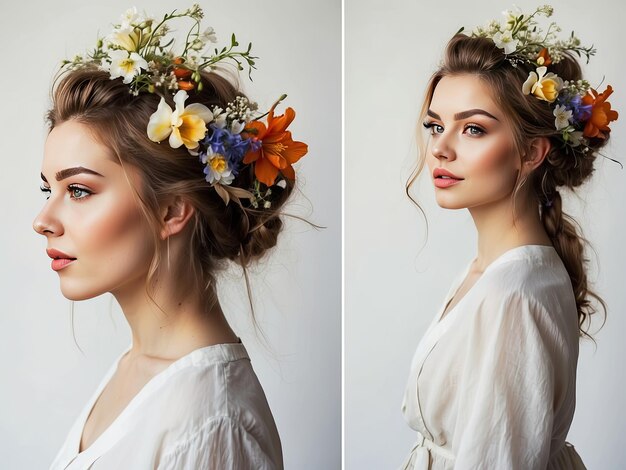 Une jeune femme brune avec une coiffure de fleurs de printemps dans ses cheveux sur un fond blanc solide beauté féminine portrait maquillage coiffure styliste énergie féminine