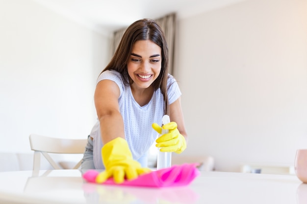 Jeune Femme Brune Nettoyant La Maison