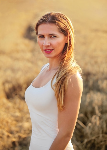 Jeune femme brune en robe blanche, debout dans un champ de blé éclairé par le soleil de l'après-midi.