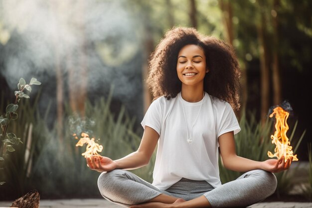 Une jeune femme brune en uniforme sportif se détend après le yoga sur la terrasse d'une maison