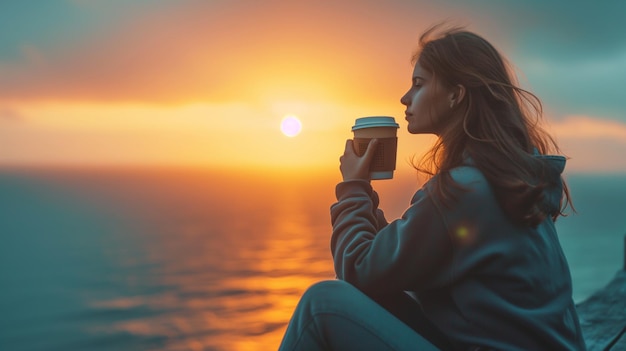 Une jeune femme buvant du café au bord de la mer.