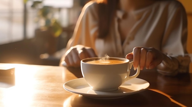 Jeune femme buvant du café Femme tenant une tasse assise dans un café à une table en bois IA générative