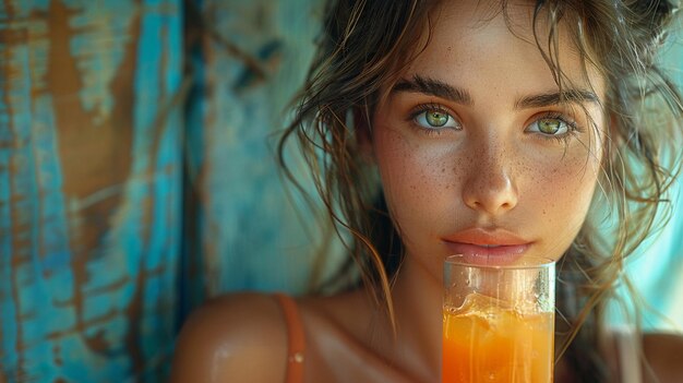 Une jeune femme buvant du jus.