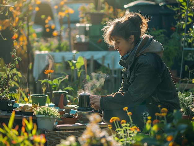 Photo une jeune femme buvant du thé dans un jardin.