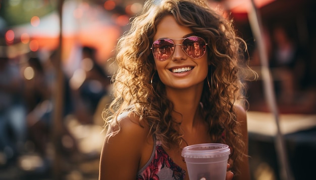 Une jeune femme buvant un verre en souriant devant une caméra générée par l'intelligence artificielle.