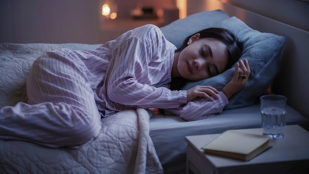 Une jeune femme calme en pyjama qui dort dans le lit.