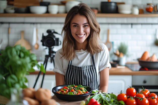 Une jeune femme avec caméra dans une cuisine avec des légumes
