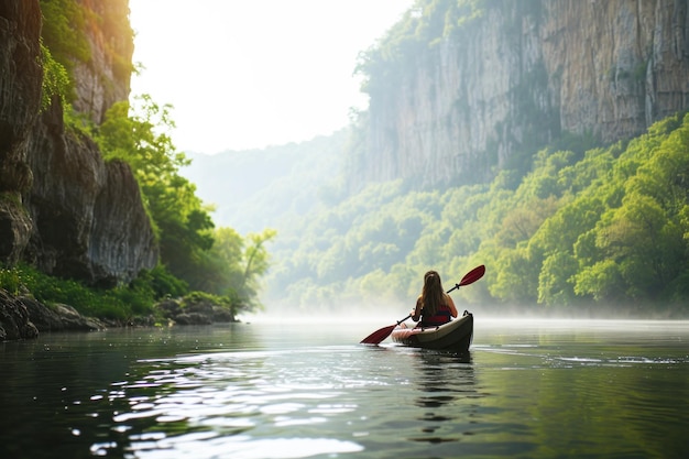 Jeune femme en canoë ou en kayak dans la nature