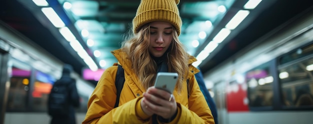 Une jeune femme capturée dans un portrait alors qu'elle s'engage avec son appareil mobile en attendant à la station de métro