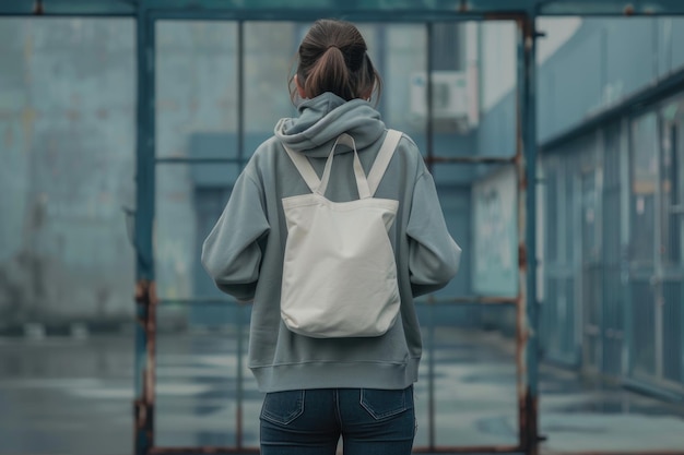 Une jeune femme en capuche avec un sac de coton blanc concept zéro déchets