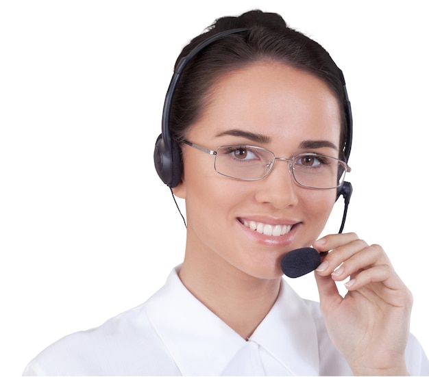 Jeune femme avec un casque, un centre d'appels ou un concept de support