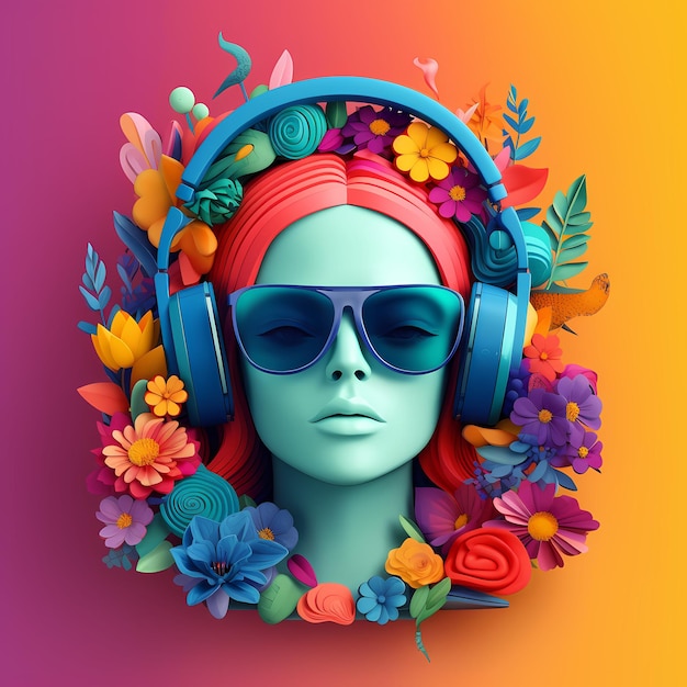 Jeune femme avec un casque et des fleurs sur un concept de musique de réalisme psychédélique de fond 3d