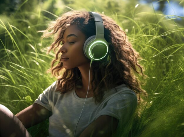 Jeune femme avec un casque posé sur du gras vert dans un moment de détente