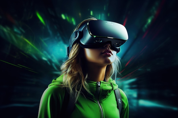 Jeune femme avec casque de réalité virtuelle sur fond de néons