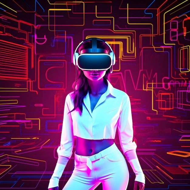 Jeune femme avec casque VR et expérimentant le métaverse de réalité virtuelle et le monde fantastique