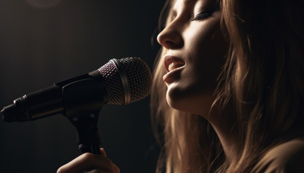 Une jeune femme caucasienne chante de la musique rock sur scène générée par l'IA