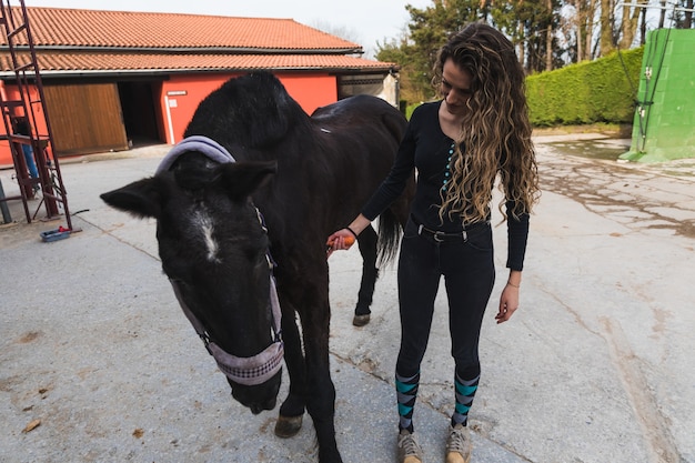 Jeune femme caucasienne avec un cheval dans un centre équestre