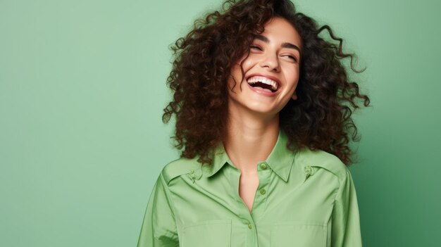 Une jeune femme caucasienne isolée sur un fond vert portant des vêtements décontractés avec un sourire enjoué incarnant un comportement fantaisiste et insouciant